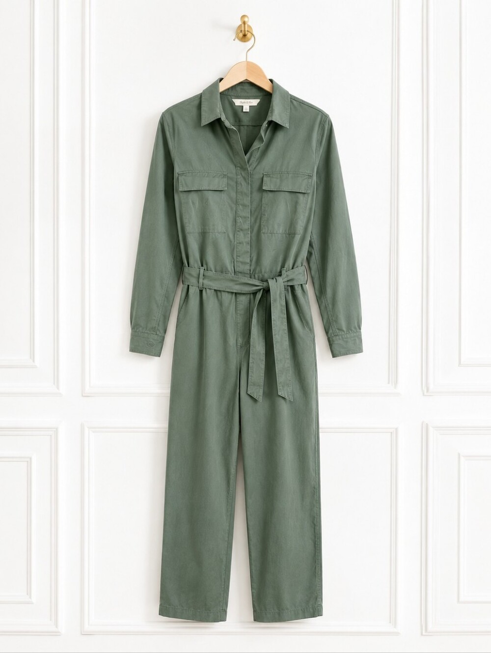 Style & Co Olive Green Utility Jumpsuit Belted Long Sleeve Size 8 - Picture 5 of 8